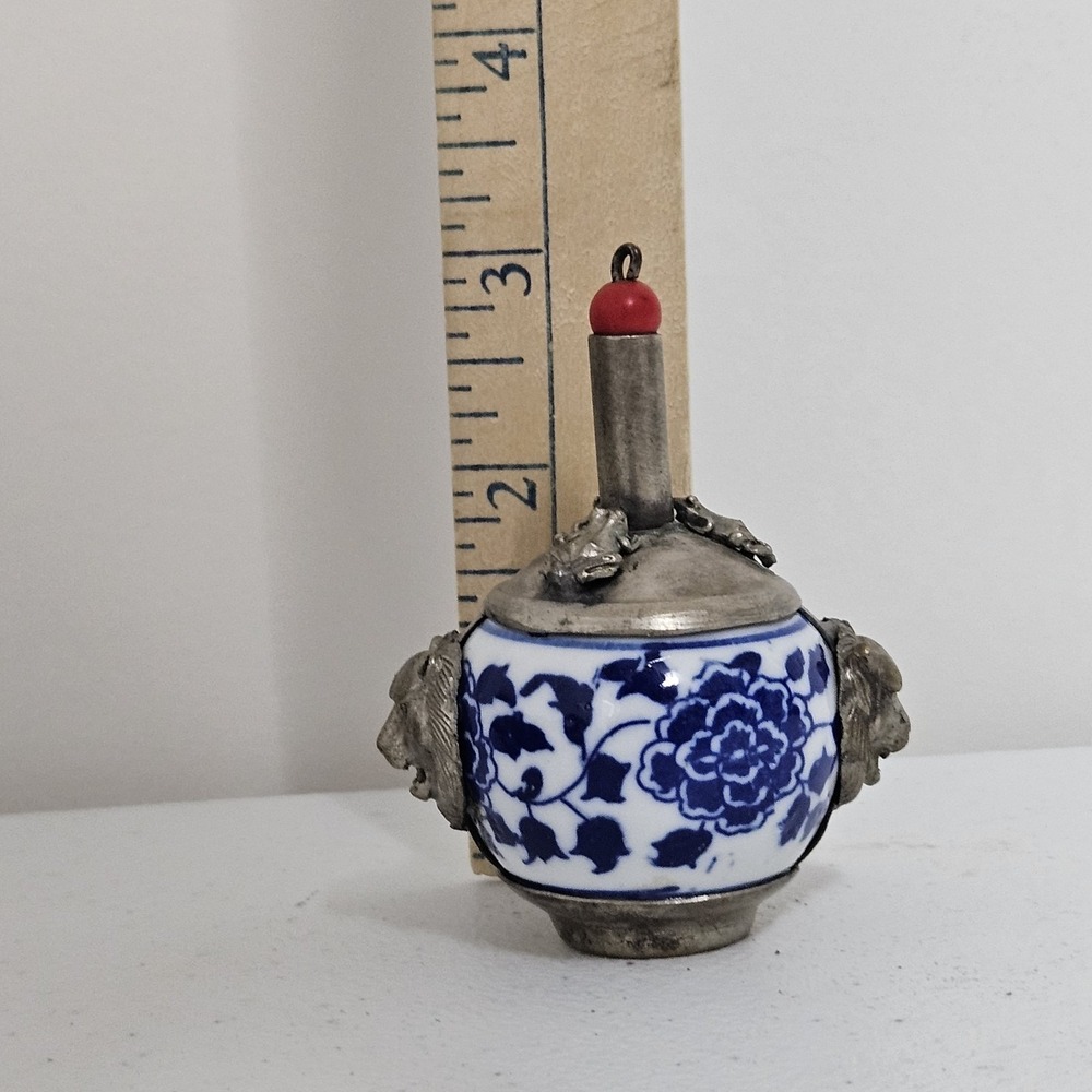 Antique 19th Century Chinese Tibetan Pewter Porcelain Snuff Bottle Blue White - Picture 11 of 11
